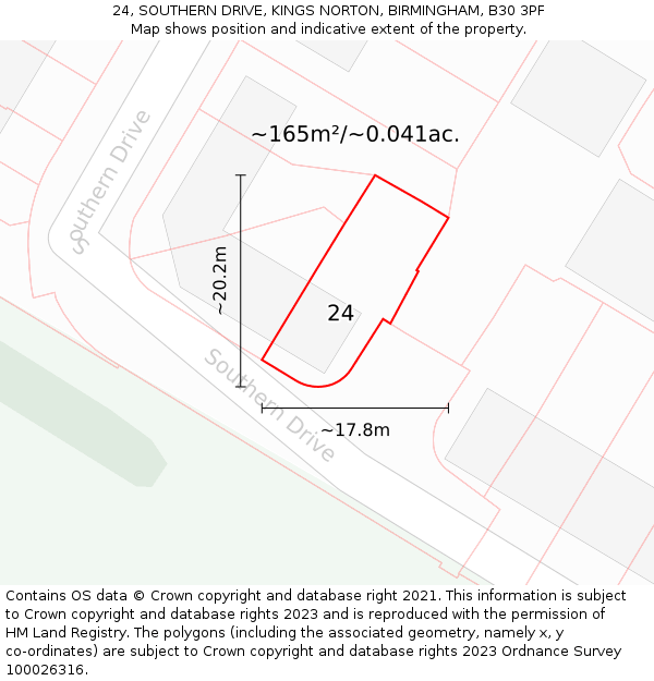 24, SOUTHERN DRIVE, KINGS NORTON, BIRMINGHAM, B30 3PF: Plot and title map