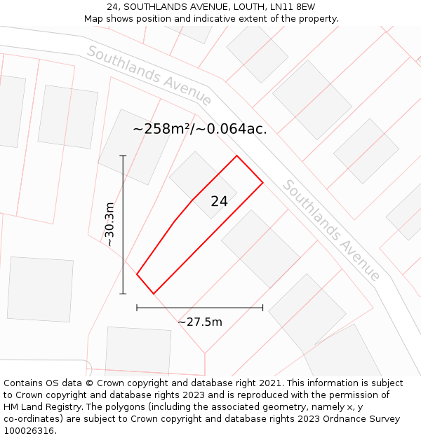 24, SOUTHLANDS AVENUE, LOUTH, LN11 8EW: Plot and title map