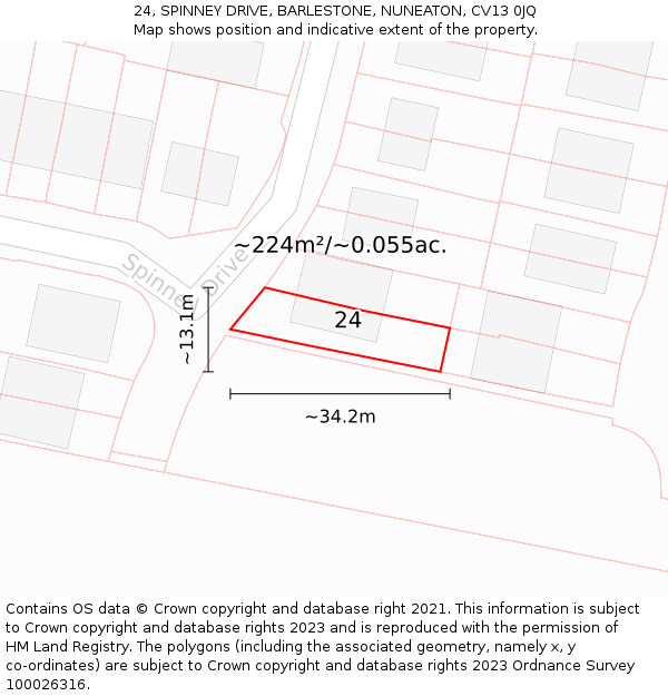 24, SPINNEY DRIVE, BARLESTONE, NUNEATON, CV13 0JQ: Plot and title map