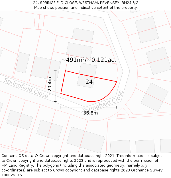 24, SPRINGFIELD CLOSE, WESTHAM, PEVENSEY, BN24 5JG: Plot and title map