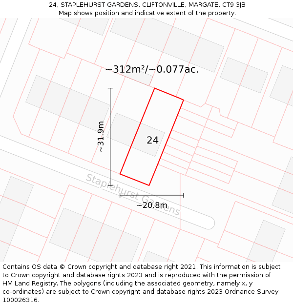 24, STAPLEHURST GARDENS, CLIFTONVILLE, MARGATE, CT9 3JB: Plot and title map