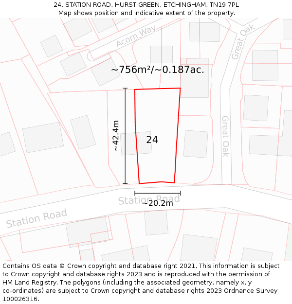 24, STATION ROAD, HURST GREEN, ETCHINGHAM, TN19 7PL: Plot and title map