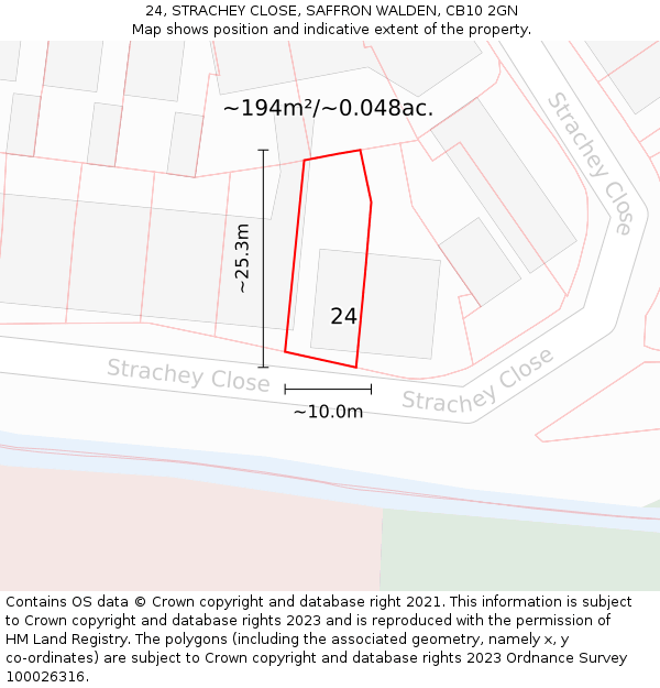 24, STRACHEY CLOSE, SAFFRON WALDEN, CB10 2GN: Plot and title map