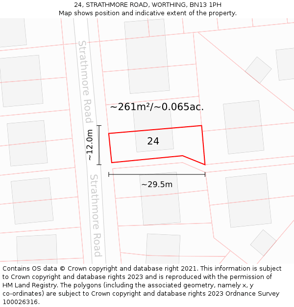 24, STRATHMORE ROAD, WORTHING, BN13 1PH: Plot and title map