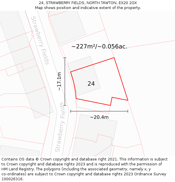 24, STRAWBERRY FIELDS, NORTH TAWTON, EX20 2GX: Plot and title map