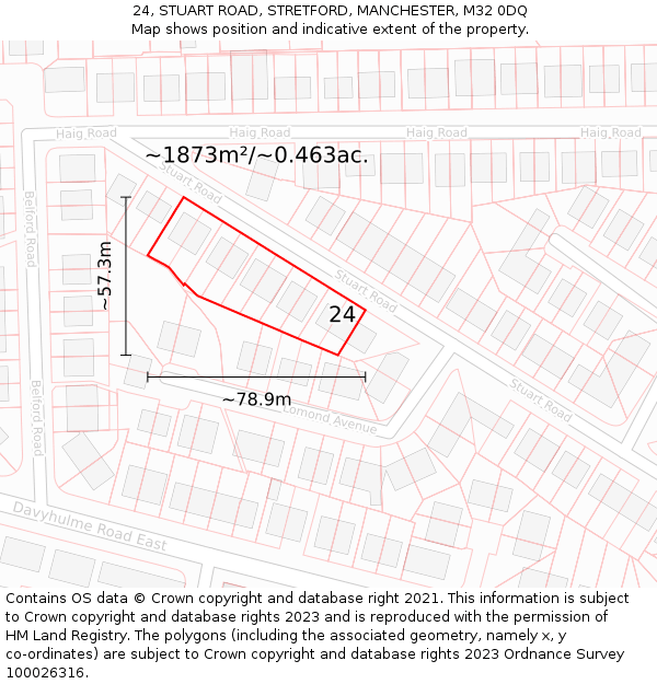 24, STUART ROAD, STRETFORD, MANCHESTER, M32 0DQ: Plot and title map