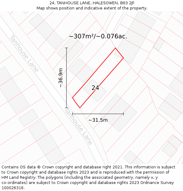 24, TANHOUSE LANE, HALESOWEN, B63 2JF: Plot and title map