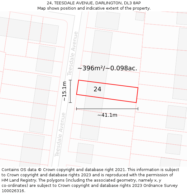 24, TEESDALE AVENUE, DARLINGTON, DL3 8AP: Plot and title map