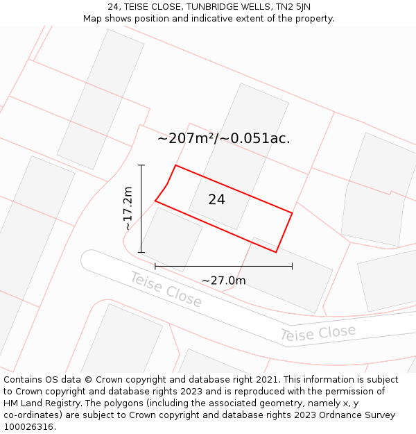 24, TEISE CLOSE, TUNBRIDGE WELLS, TN2 5JN: Plot and title map