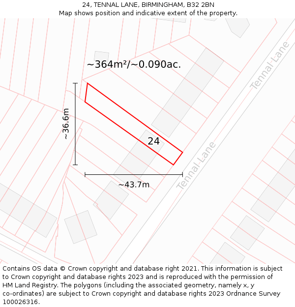 24, TENNAL LANE, BIRMINGHAM, B32 2BN: Plot and title map