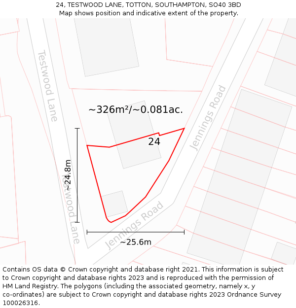 24, TESTWOOD LANE, TOTTON, SOUTHAMPTON, SO40 3BD: Plot and title map