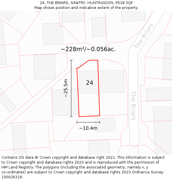 24, THE BRIARS, SAWTRY, HUNTINGDON, PE28 5QF: Plot and title map