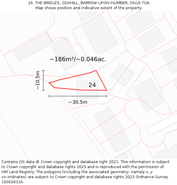 24, THE BRIDLES, GOXHILL, BARROW-UPON-HUMBER, DN19 7GA: Plot and title map