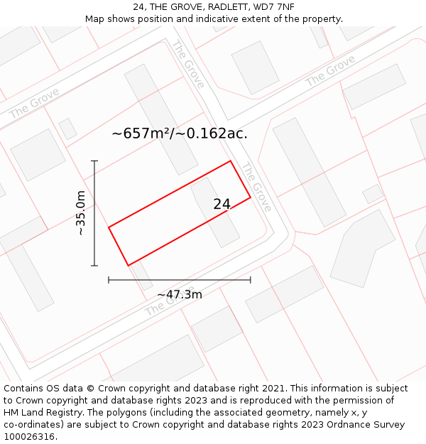 24, THE GROVE, RADLETT, WD7 7NF: Plot and title map