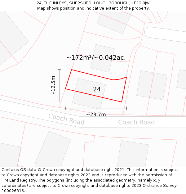 24, THE INLEYS, SHEPSHED, LOUGHBOROUGH, LE12 9JW: Plot and title map