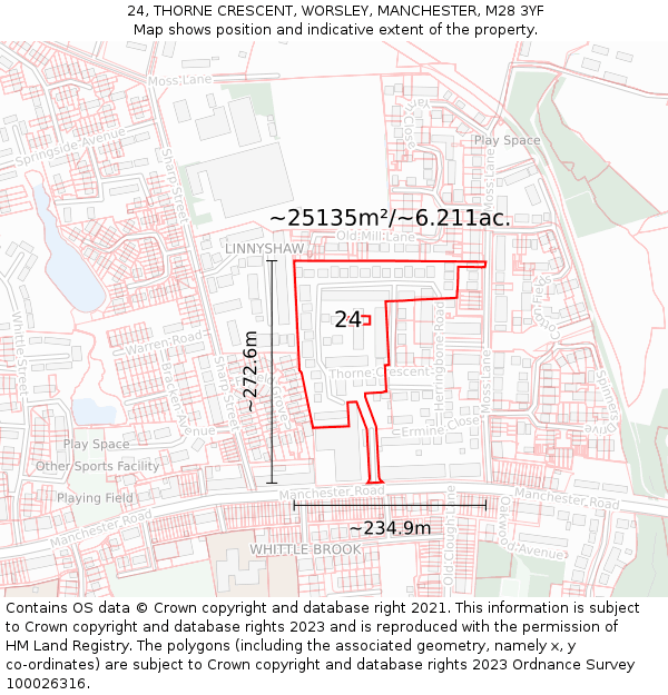 24, THORNE CRESCENT, WORSLEY, MANCHESTER, M28 3YF: Plot and title map