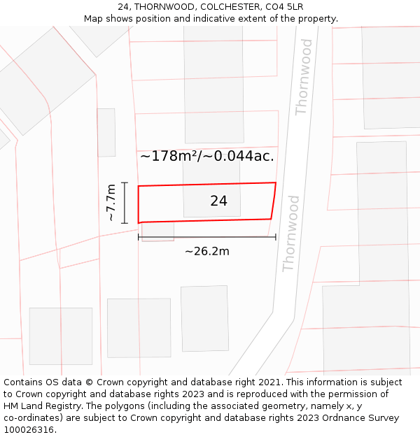 24, THORNWOOD, COLCHESTER, CO4 5LR: Plot and title map