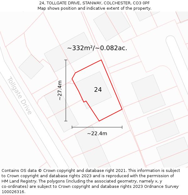 24, TOLLGATE DRIVE, STANWAY, COLCHESTER, CO3 0PF: Plot and title map