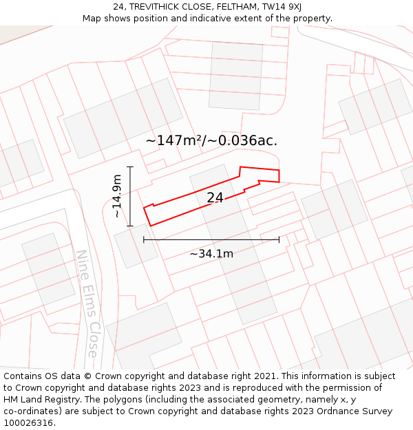 24, TREVITHICK CLOSE, FELTHAM, TW14 9XJ: Plot and title map