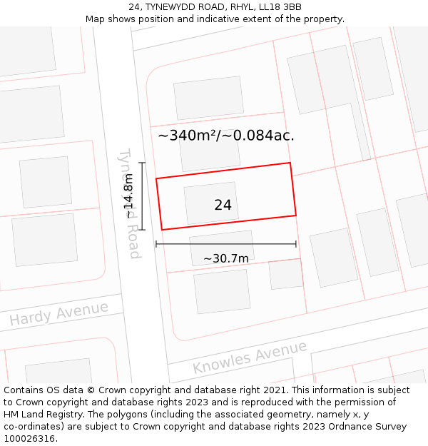 24, TYNEWYDD ROAD, RHYL, LL18 3BB: Plot and title map