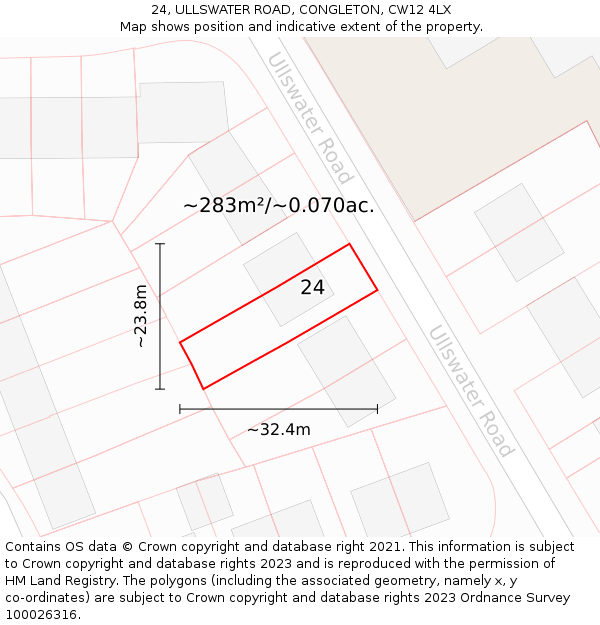 24, ULLSWATER ROAD, CONGLETON, CW12 4LX: Plot and title map