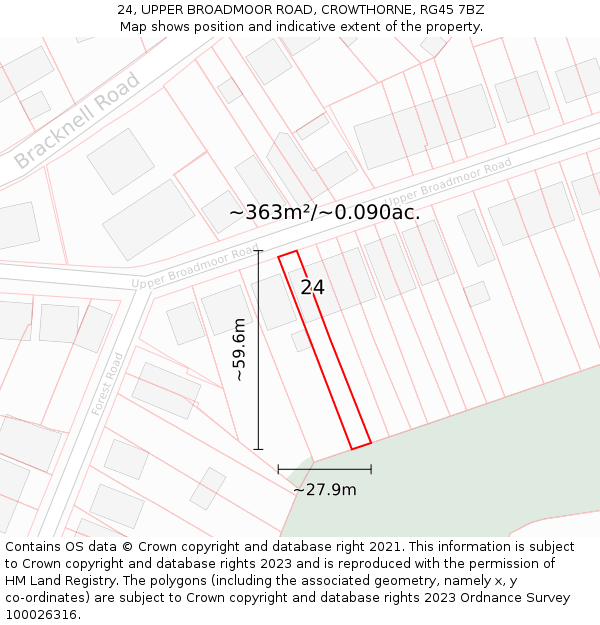 24, UPPER BROADMOOR ROAD, CROWTHORNE, RG45 7BZ: Plot and title map