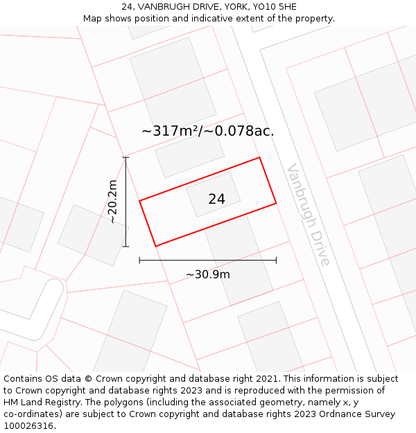 24, VANBRUGH DRIVE, YORK, YO10 5HE: Plot and title map
