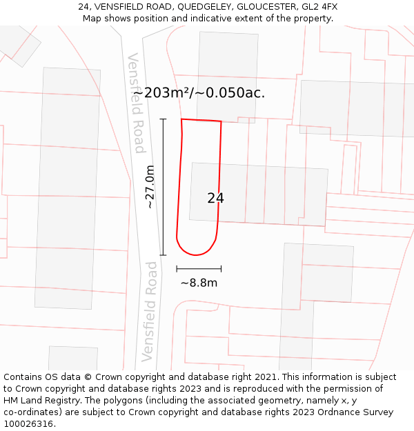 24, VENSFIELD ROAD, QUEDGELEY, GLOUCESTER, GL2 4FX: Plot and title map