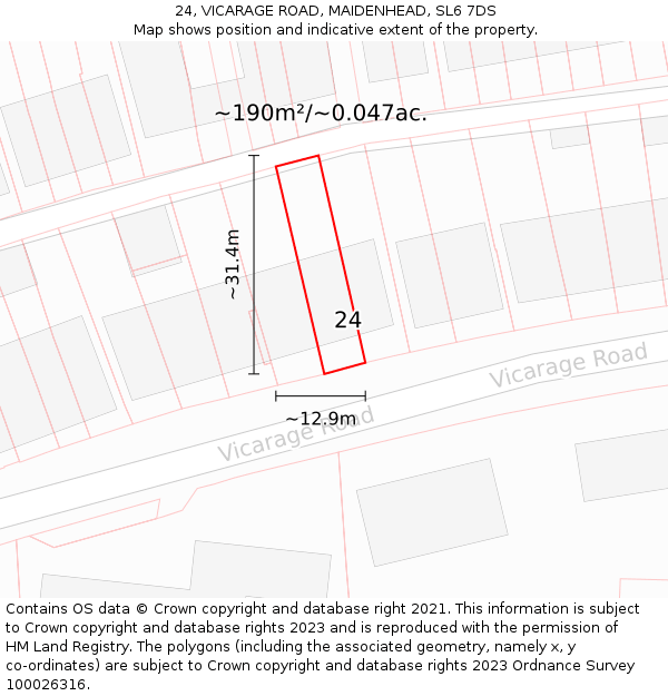 24, VICARAGE ROAD, MAIDENHEAD, SL6 7DS: Plot and title map