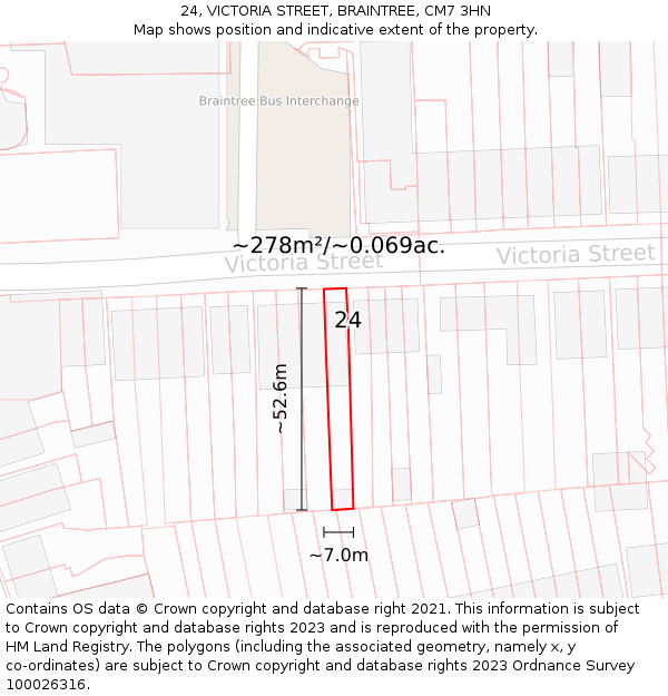 24, VICTORIA STREET, BRAINTREE, CM7 3HN: Plot and title map