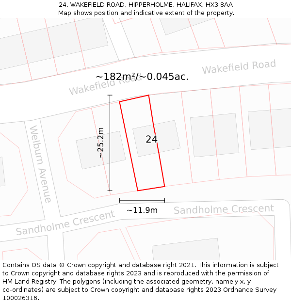 24, WAKEFIELD ROAD, HIPPERHOLME, HALIFAX, HX3 8AA: Plot and title map