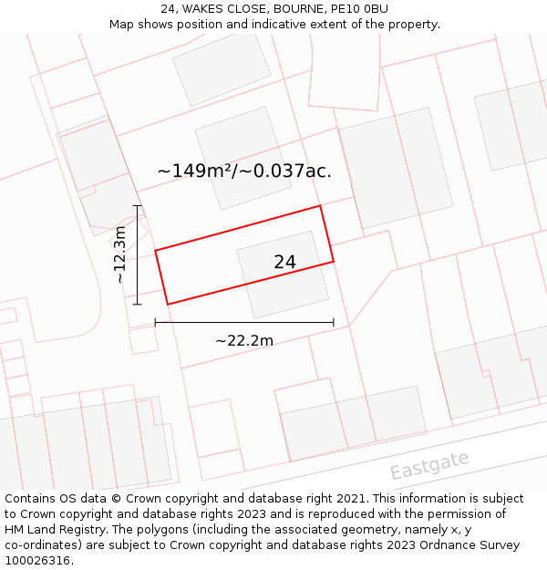 24, WAKES CLOSE, BOURNE, PE10 0BU: Plot and title map