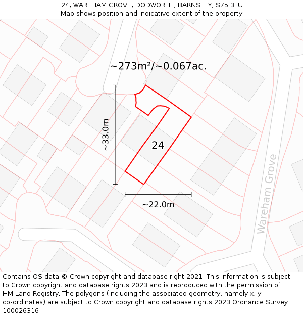 24, WAREHAM GROVE, DODWORTH, BARNSLEY, S75 3LU: Plot and title map