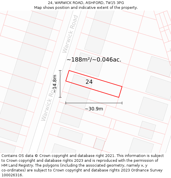 24, WARWICK ROAD, ASHFORD, TW15 3PG: Plot and title map