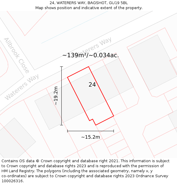 24, WATERERS WAY, BAGSHOT, GU19 5BL: Plot and title map