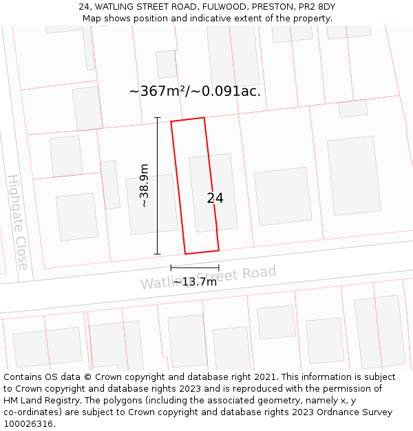 24, WATLING STREET ROAD, FULWOOD, PRESTON, PR2 8DY: Plot and title map