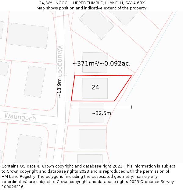 24, WAUNGOCH, UPPER TUMBLE, LLANELLI, SA14 6BX: Plot and title map