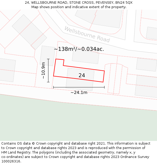 24, WELLSBOURNE ROAD, STONE CROSS, PEVENSEY, BN24 5QX: Plot and title map