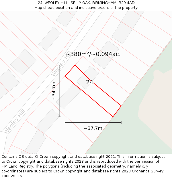 24, WEOLEY HILL, SELLY OAK, BIRMINGHAM, B29 4AD: Plot and title map