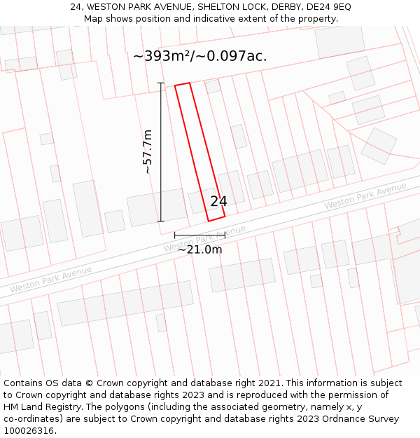 24, WESTON PARK AVENUE, SHELTON LOCK, DERBY, DE24 9EQ: Plot and title map