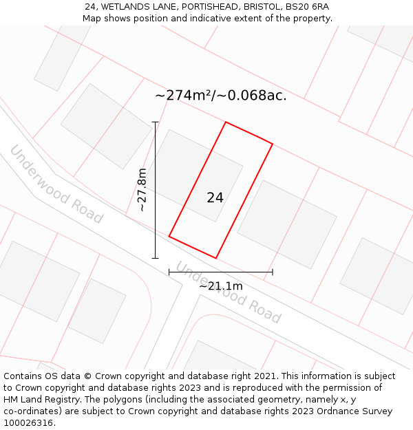 24, WETLANDS LANE, PORTISHEAD, BRISTOL, BS20 6RA: Plot and title map