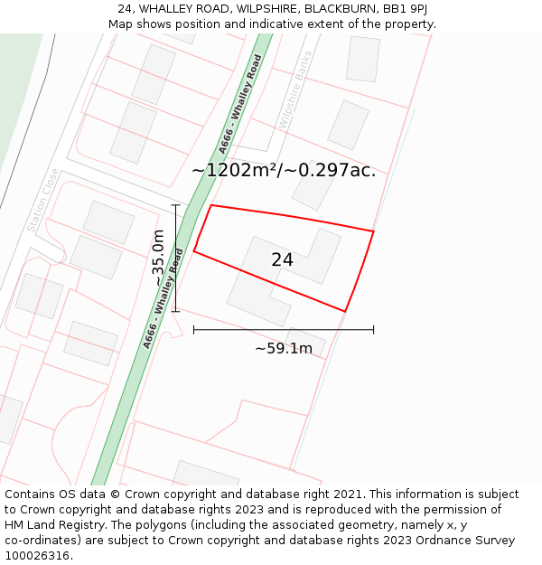 24, WHALLEY ROAD, WILPSHIRE, BLACKBURN, BB1 9PJ: Plot and title map
