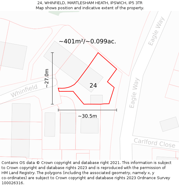 24, WHINFIELD, MARTLESHAM HEATH, IPSWICH, IP5 3TR: Plot and title map