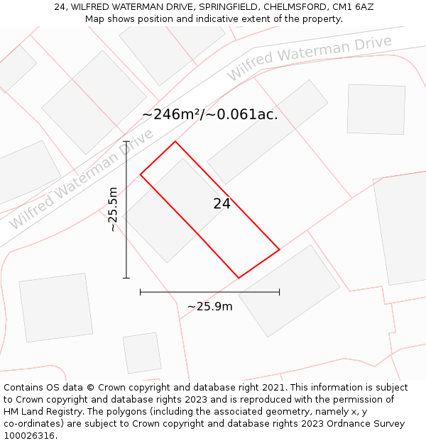 24, WILFRED WATERMAN DRIVE, SPRINGFIELD, CHELMSFORD, CM1 6AZ: Plot and title map