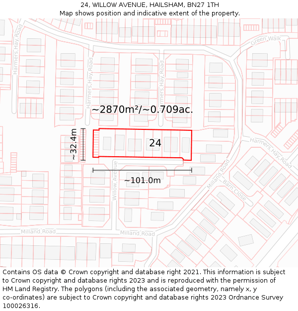 24, WILLOW AVENUE, HAILSHAM, BN27 1TH: Plot and title map