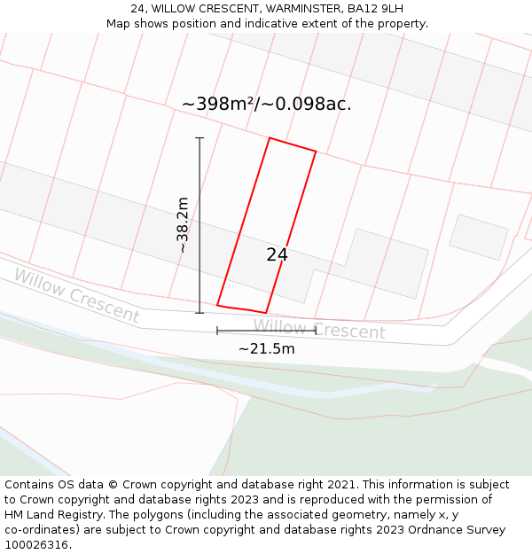 24, WILLOW CRESCENT, WARMINSTER, BA12 9LH: Plot and title map