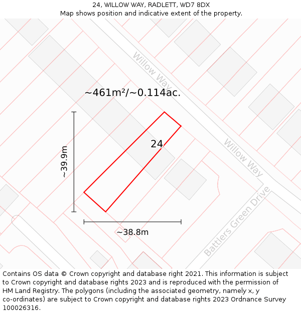 24, WILLOW WAY, RADLETT, WD7 8DX: Plot and title map