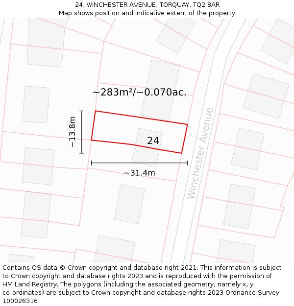 24, WINCHESTER AVENUE, TORQUAY, TQ2 8AR: Plot and title map