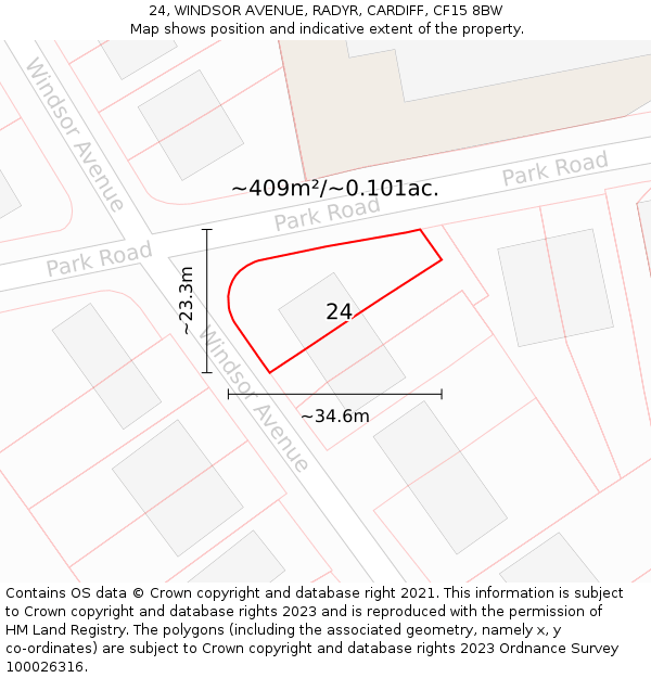 24, WINDSOR AVENUE, RADYR, CARDIFF, CF15 8BW: Plot and title map