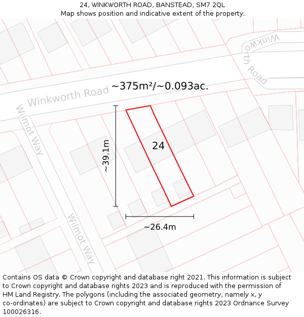 24, WINKWORTH ROAD, BANSTEAD, SM7 2QL: Plot and title map